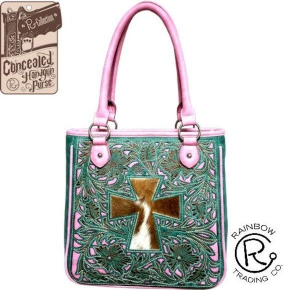 NWT Laser Cut Faux Fur Cross Vegan Leather Conceal Handgun Bag